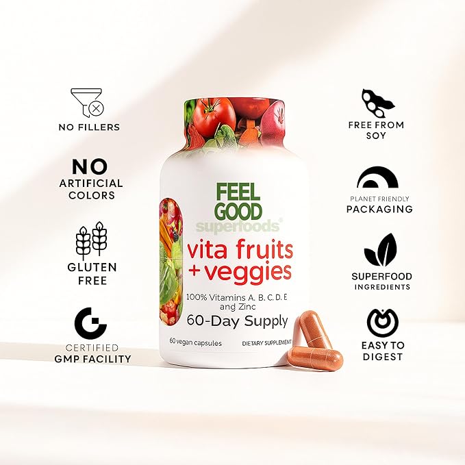 FeelGood Superfoods ヴィータフルーツ＆ベジタブルカプセル - 25種類のスーパーフード成分、フルーツと野菜のマルチビタミン、60粒入り - 男女兼用 - ビタミンA、C、D、E、B群、亜鉛配合