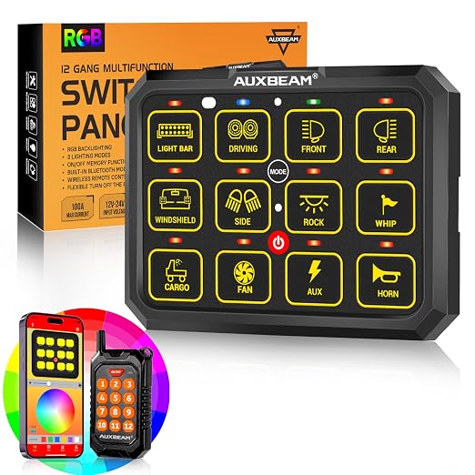 Auxbeam 12 Gang Switch Panel Bluetooth RGB AC-1200 with APP&Remote Control Toggle Momentary Pulsed Switch Pod Off Backlight for Truck Offroad 12-24V Waterproof 3 Years Warranty (Patent Registering)