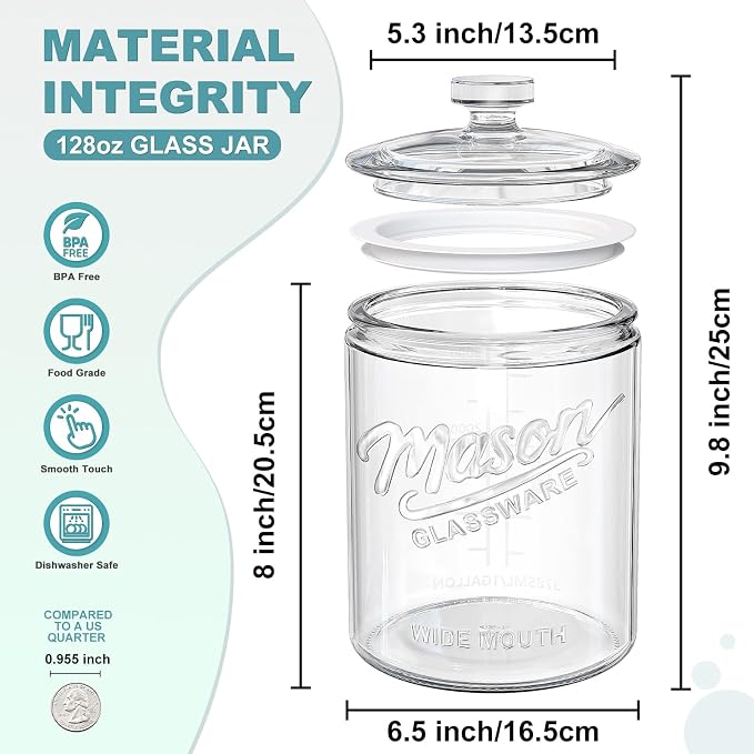 1 Gallon Glass Cookie Jar with Airtight Lid, Large Wide Mouth Mason Jar for Flour Sugar Container, Kitchen Canister for Candy, Coffee, Dog Treat Storage, Terrarium, Apothecary, Laundry Room, BPA Free