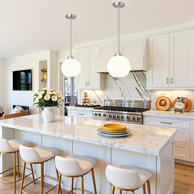 2 Pack 22"-50" Height Adjustable Glass Pendant Lights Kitchen Island, Globe Brushed Nickel Pendant Lights with Milk Glass Shade, Mid Century Pendant Light Fixtures Kitchen Pendant Lighting over Island