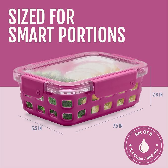 Ello Duraglass 3.4 Cup Meal Prep Sets 10Pc, 5 Pack Set- Glass Food Storage Container with Silicone Sleeve and Airtight BPA-Free Plastic Lids, Dishwasher, Microwave, and Freezer Safe, Evening Orchard