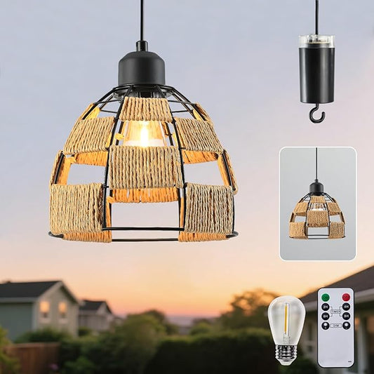 Battery Operated Chandelier with Remote & Timer, 7" Rattan Hanging Pendant Light, 4*AA Powered Cordless Outdoor Indoor Light, Dimmable Outdoor Chandeliers for Gazebo Porch Patio Bedroom Decor（1P）