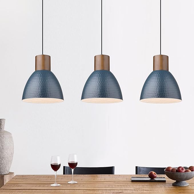 ELYONA 3 Pack Hammered Pendant Lights 7” Small Metal Solid Wood Hanging Light Fixtures Adjustable Height Industrial Pendant Lighting for Kitchen Island Dining Room Bedroom Bar Office, Modern Blue