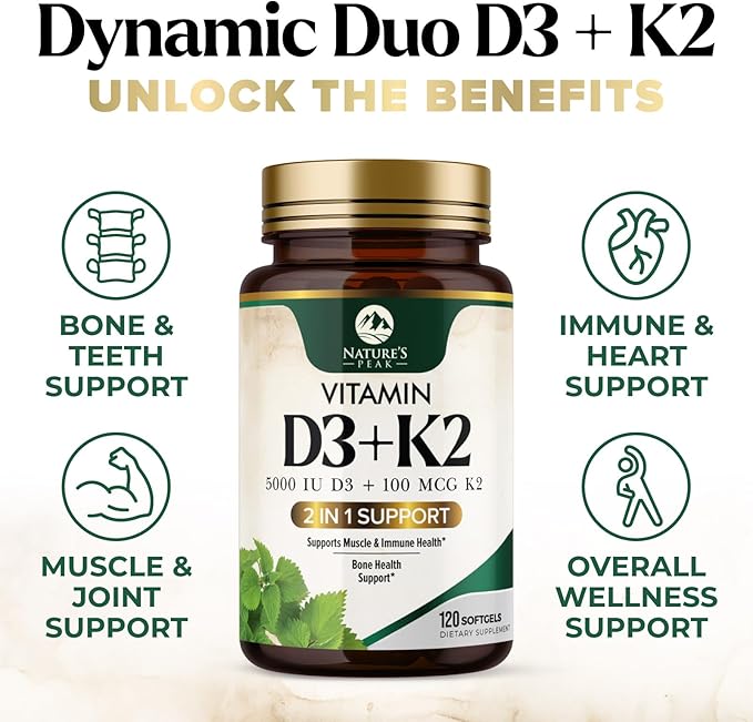 Vitamine D3 K2 5000 UI - Supplément de Vitamine D3 à Haute Puissance - Complexe Avancé 2-en-1 avec Vitamine D et Vitamine K2 (MK7) - Gélule Facile à Avaler, Soutien Osseux et Immunitaire - Embouteillé aux États-Unis - 120 Gélules