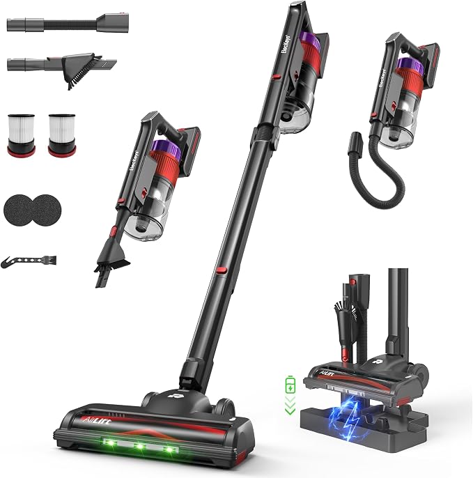 ElecKeys 650W Cordless Vacuum Cleaner for Home, Pet Hair & Hardwood Floors, 55KPa Lightweight Vacuum Cleaners with 65 Mins Runtime, Self-Standing, Foldable Tube, Charging Dock & Anti-Tangle Brush