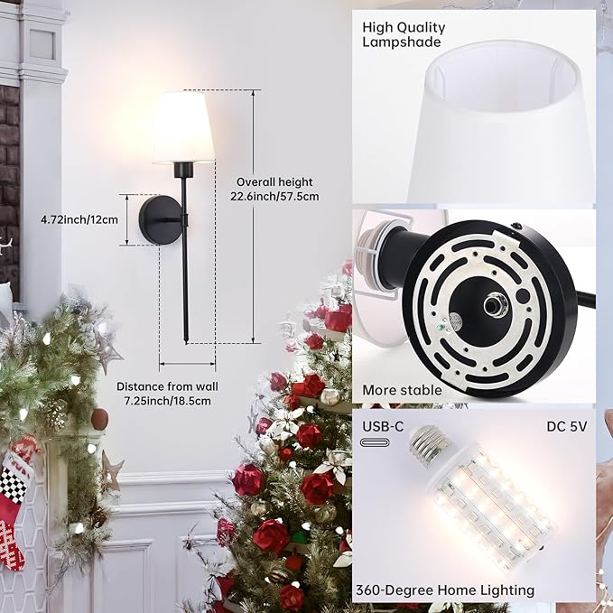 Shenmoyl Rechargeable Wall Sconces Set of 2-80H Battery Life, Dimmable 12 Colors, 22.6" Modern Wall Light for Bedroom Living Room, Black