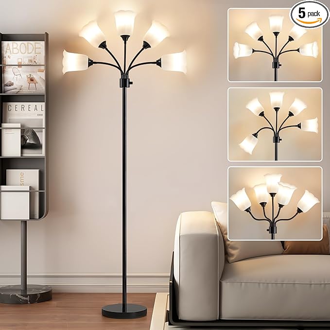 GyroVu Medusa LED Floor Lamp, Multi Head Modern Tall Lamp with Adjustable Gooseneck Standing Lamps for Living Room Bedroom Kids Room Office 5 White Lampshades Bulb Not Included(Black)
