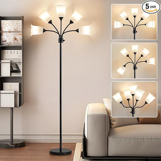 GyroVu Medusa LED Floor Lamp, Multi Head Modern Tall Lamp with Adjustable Gooseneck Standing Lamps for Living Room Bedroom Kids Room Office 5 White Lampshades Bulb Not Included(Black)