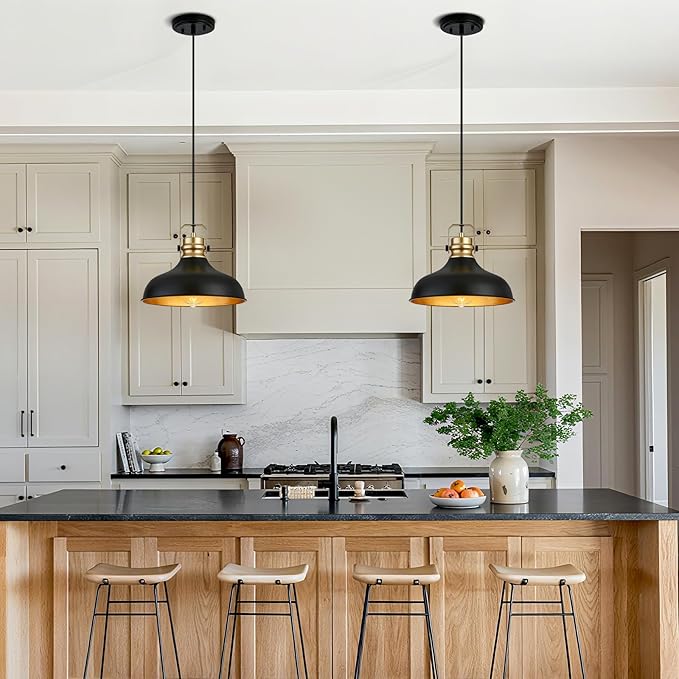 Black and Gold Farmhouse Pendant Lights Matte Pendant Lighting for Kitchen Island Industrial Adjustable Height Vintage Dome Hanging Light Fixtures for Barn, Dining Room 3 Packs