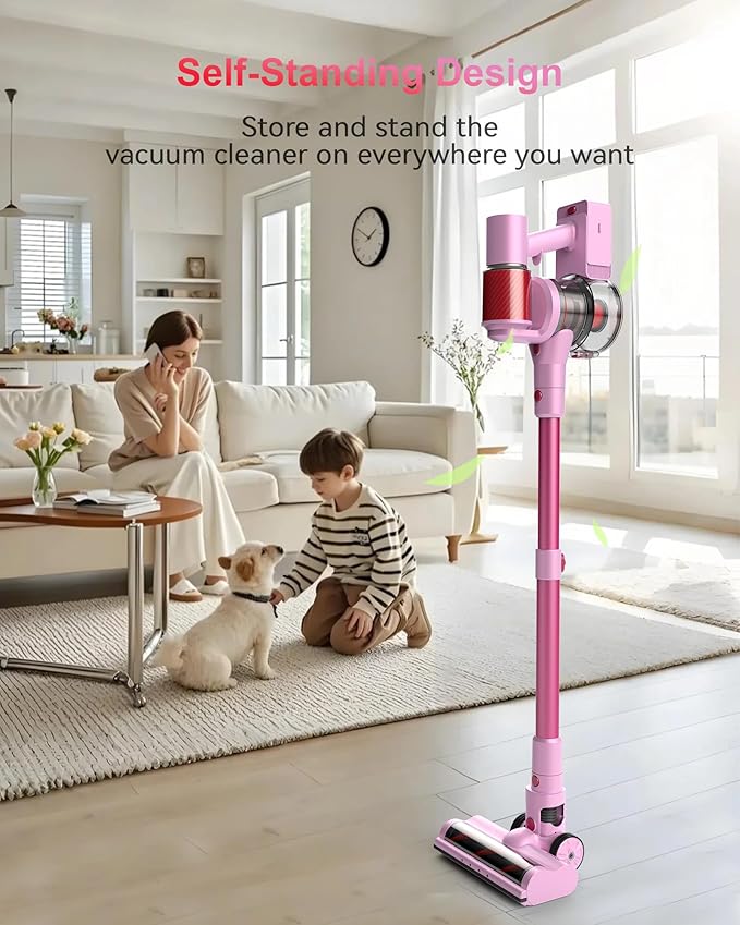 Pink Cordless Vacuum Cleaner, 50Kpa/600W/60 Mins Runtime Stick Vacuum with Self-Standing and Touch Screen, Anti-Tangle Wireless Vacumm, Vacuum Cleaners for Home/Pet Hair/Carpets/Floors