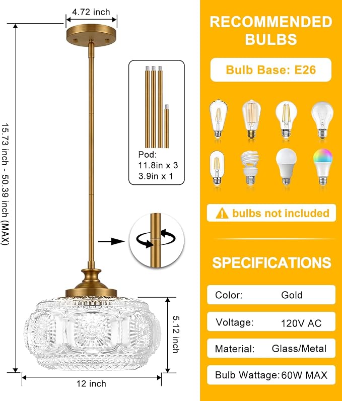 Semi Flush Mount Ceiling Light, Gold Pendant Lights Kitchen Island | 12" Large Clear Glass Shade, Vintage Pendant Light Adjustable Hanging Light for Kitchen Island Bedroom Hallway Bathroom