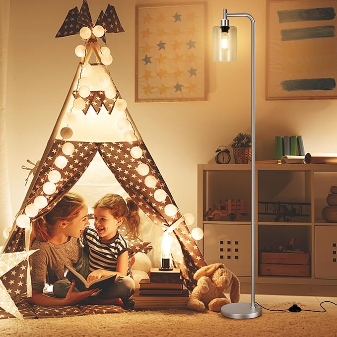 Ziisee Floor Lamps for Living Room - Industrial Standing Lamp with Glass Shade, Modern Floor Lamp with LED Bulbs, Tall Lamp for Bedroom Office - Brushed Nickel