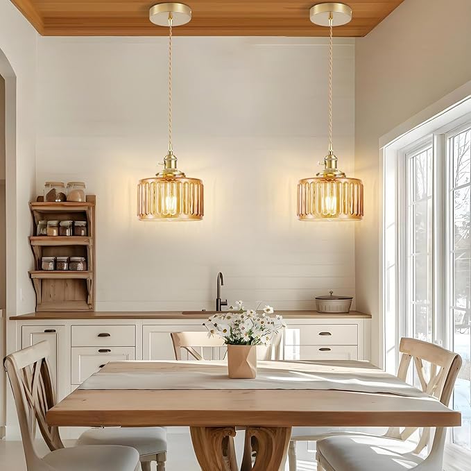 WimiSom 2 Pack Industrial Pendant Lighting, Modern Glass Shade Farmhouse Adjustable Hanging Light Fixtures for Kitchen Island Living Room Bedroom Hallway, Brown