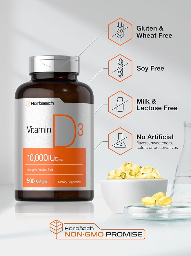 Horbäach Vitamin D3 10000 IU | 500 Softgels | Non-GMO, Gluten Free Supplement | Value Size | 250mcg | High Potency Formula