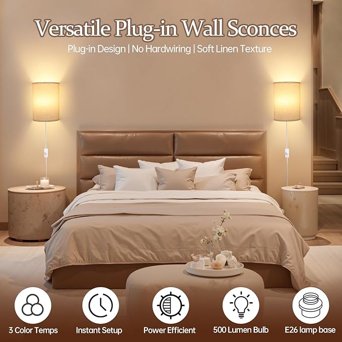 Shenmoyl Plug in Wall Sconces Set of Two Wall Lights with On/Off Switch - Stepless Color Temperature Wall Mount Lamps - Fabric Linen Wall Sconce for Bedroom Living Room - Indoor Corded Wall Sconces