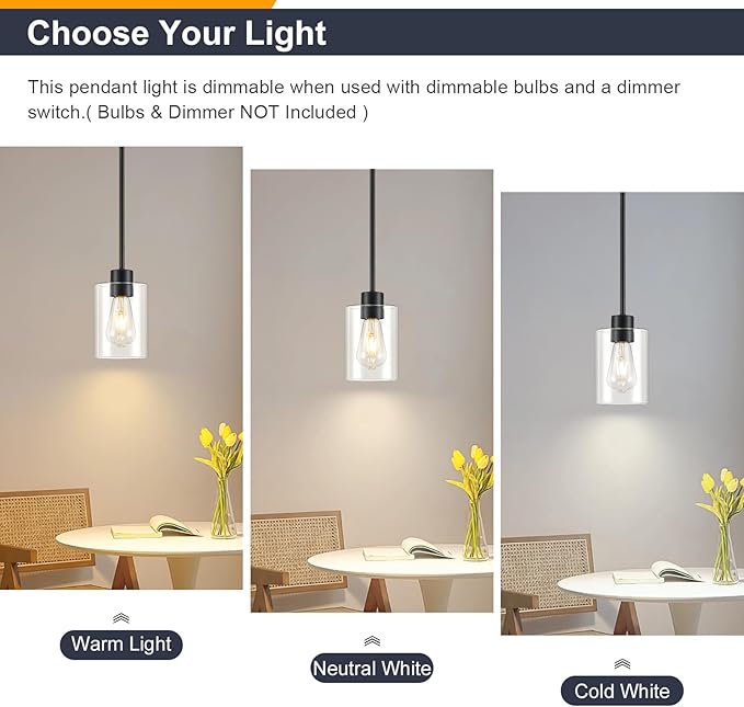 Modern Farmhouse Black Pendant Lights, Mini Hanging Light Fixture with Clear Glass Shade, Adjustable Rods for Kitchen Island, Sink, Bar (2 Pack)