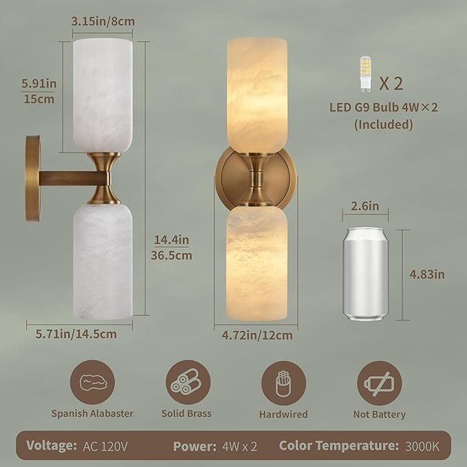 Alabaster Wall Sconce, Solid Brass Sconce with Natural Spanish Alabaster, 14.4 in Vanity Lights for Bathroom, Hardwired Wall Lamp for Bedroom Staircase Hallway, G9 LED Bulb, Set of 2