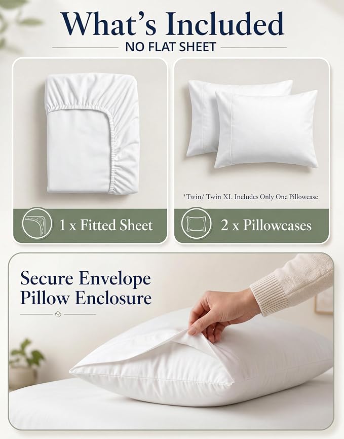 LANE LINEN Fitted Sheet Twin XL Size (No Flat Sheet) - 100% Organic Cotton Soft & Breathable Percale Weave Fitted Sheet Set For Added Comfort - 15'' Deep Pocket For Snug Fit - GOTS Certified - White