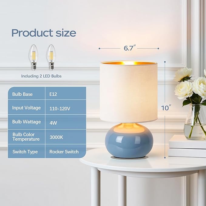 Hamucd Ceramic Table Lamps Set of 2, Modern Classic Bedside Lamps for Nightstand, Small Table Lamp for Bedroom Living Room Desk End Table(Blue)