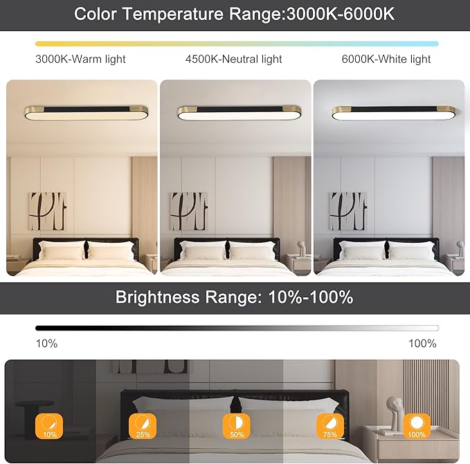 Qcyuui 4.59FT LED Flush Mount Kitchen Light Fixtures 65W Dimmable Flush Mount Ceiling Light Fixture Black and Gold Led Ceiling Light Linear LED Ceiling Lamp for Laundry Shop Garage Office