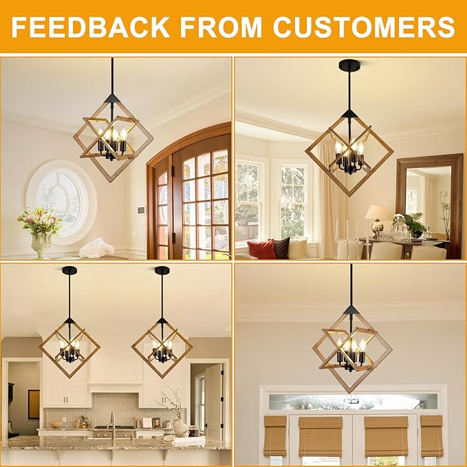 Modern Chandelier for Dining Room (18",4-Light), No Assembly Required Wood Grain Dining Room Light Fixture Over Table, Industrial Hanging Pendant Lights Fixture for Kitchen Island, Entryway, Foyer