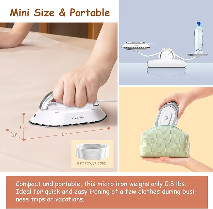 Newbealer Travel Iron Set, 100-240V Mini Dry Iron for Clothes (No Steam) | Max 300W, Heats in 60s, 302℉ Ceramic Soleplate, Handy Heat Press, 0.8lbs Lightweight for Quick Touch-ups Worldwide (Silver)