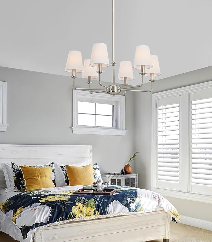6-Light Brushed Nickel Chandelier with White Fabric Shades, E12 Base Modern Farmhouse Ceiling Light Fixture for Dining Room, Living Room, Bedroom, Kitchen, Foyer, Adjustable Hanging Rod.