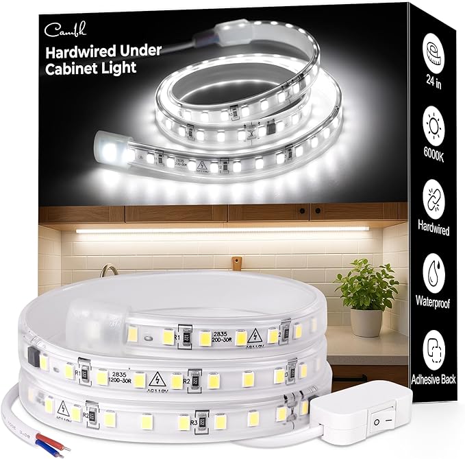 cambk Hardwired Under Cabinet Lighting for Kitchen,24inch120V Wired Undercounter Led Strip Lights 6000K White Waterproof, Luces para Cocina Bajo Gabinete Under Shelf Lights for Sink/Workbench