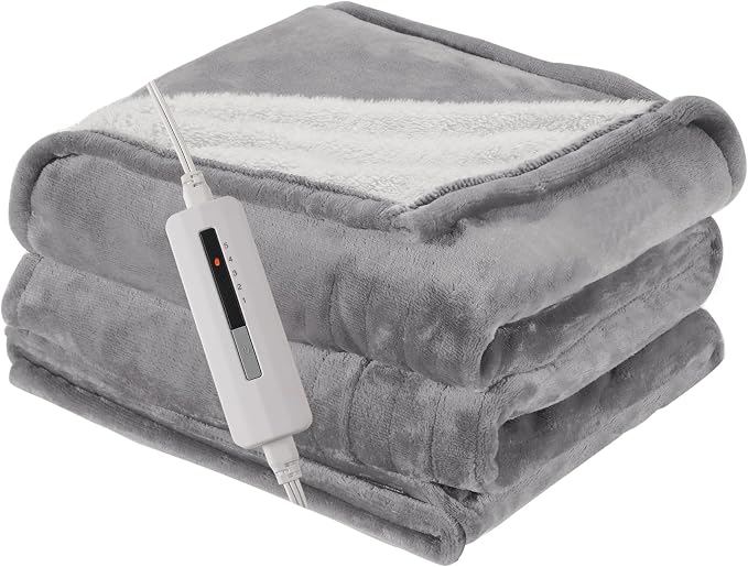 Electric Heated Blanket Throw Size 50"x60" – ETL Certified for Safe Overnight, 5 Heat Settings & 3H Auto Off, Thickened Flannel and Sherpa for Home Theater Night, Machine Washable – Ash Gray
