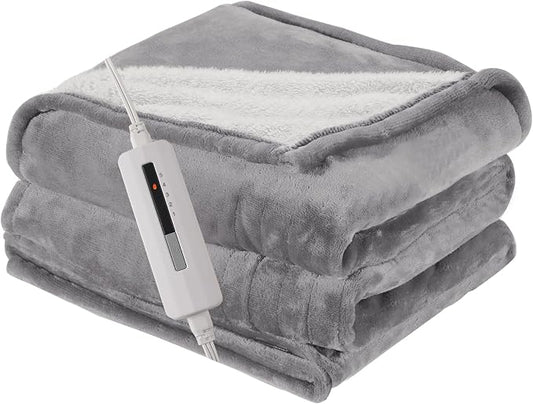 Electric Heated Blanket Throw Size 50"x60" – ETL Certified for Safe Overnight, 5 Heat Settings & 3H Auto Off, Thickened Flannel and Sherpa for Home Theater Night, Machine Washable – Ash Gray