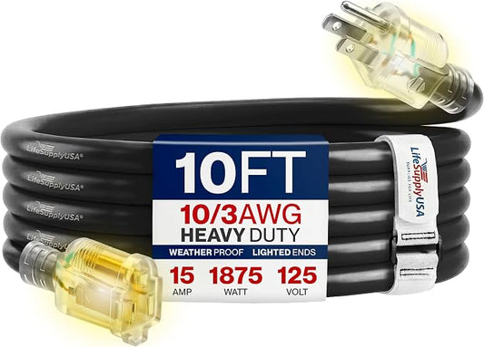 10ft Outdoor/Indoor Extension Cord 10/3 Gauge Ultra Heavy Duty 3 Prong SJTW, Waterproof, Flexible Cold-Resistant Long Power Cord,15A 125V 1875W, Black by LifeSupplyUSA