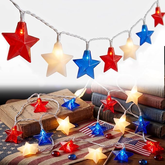 LED Red White Blue Star String Lights Plug in, 8.5Ft 4th of July Decorations Lights with 10 LED Star Light, Hanging Patriotic Outdoor Lights for Independence Day Window Home Patio Party Garden Decor