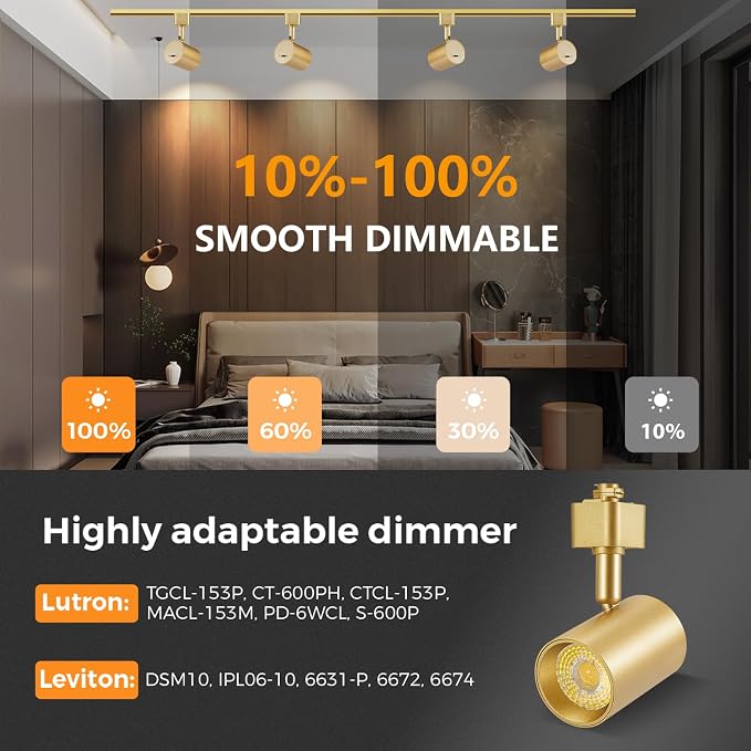 VANoopee 5-Color Gold LED Track Lighting Heads H Type Track Light Heads Dimmable, 2000K 3000K 4000K 5000K 6000K Adjustable, Flicker Free CRI90+ 24° 10W 800lm 5CCT (4 Pack)