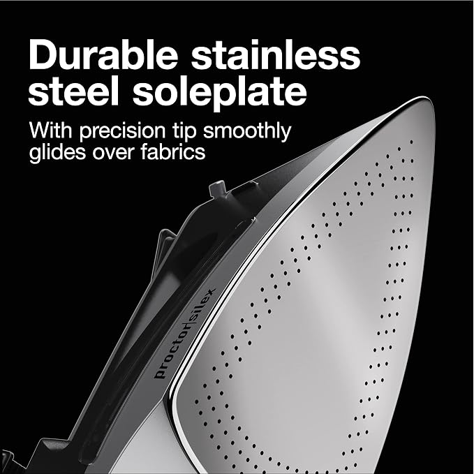 Proctor Silex Steam Iron for Clothes with Durable Stainless Steel Soleplate, 1500 Watts, 8’ Retractable Cord, 3-Way Auto Shutoff, Anti-Drip, Gray and Black (14250)