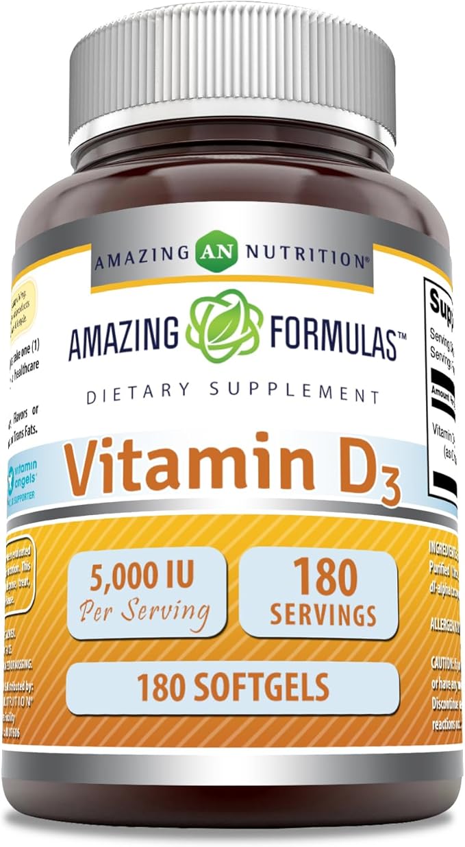 Amazing Formulas Complément de vitamine D3 (cholécalciférol) | 5000 UI par portion | Gélules | Sans OGM | Sans gluten | Fabriqué aux États-Unis (1 paquet | 180 capsules)