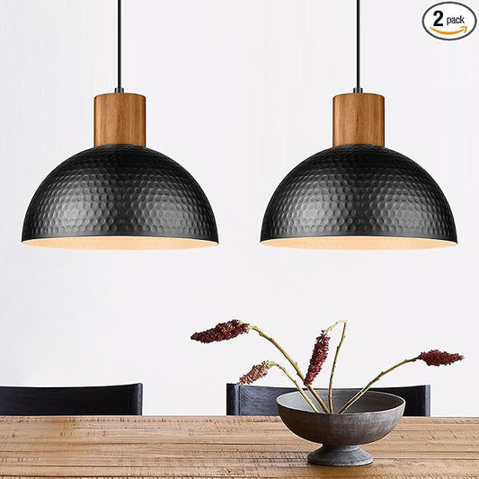 ELYONA 2 Pack Hammered Pendant Lights, 12" Industrial Metal Dome Hanging Lamp, Solid Wood Pendant Light Fixtures for Kitchen Island, Bar, Farmhouse, Dining Room, Bedroom, Hallway, Black