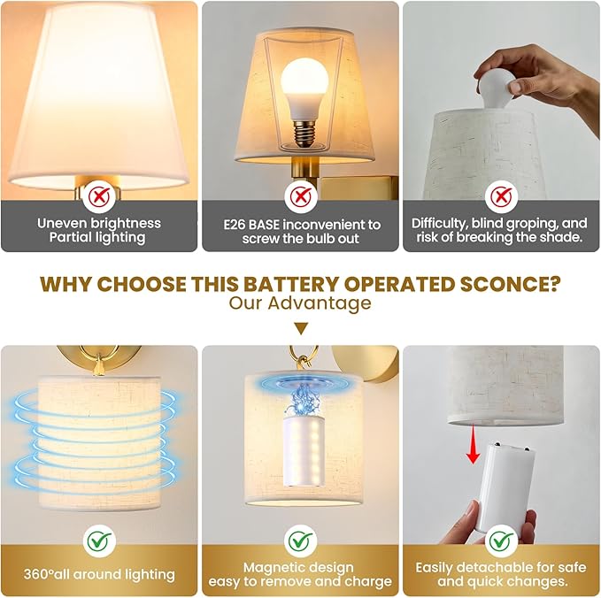 Detachable Wall Sconces Battery Operated With Hanging Hook,10000mah Battery Operated Wireless Wall Sconces Set of Two,12 RGB Gold Sconce With Remote,Renter Friendly Wall Lamps for Living Room,Bedroom