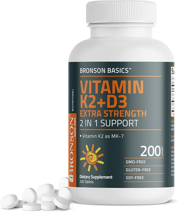 Bronson Vitamine K2 (MK7) avec D3 Supplément Force Extra 2 en 1 Soutien, 10 000 UI Vitamine D3 & 120 mcg K2 MK-7, 200 Comprimés
