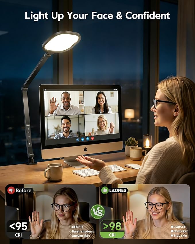 Desk Lamps for Home Office, 2000LM Eye-Caring Desk Light with Clamp, Dimmable Zoom Lighting with 3 Colors & 10 Brightness, Remote Computer Ring Light for Video Calls,Conference, Reading, CRI>97.8