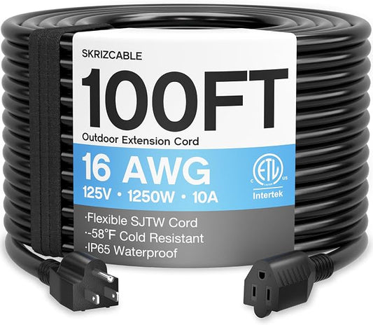 16/3 100 Ft Outdoor Extension Cord Waterproof, Weatherproof & Flame Retardant Black 3 Prong Power Cord Outside for Lawn & Garden, 16AWG 10A 1250W 125V SJTW ETL Listed