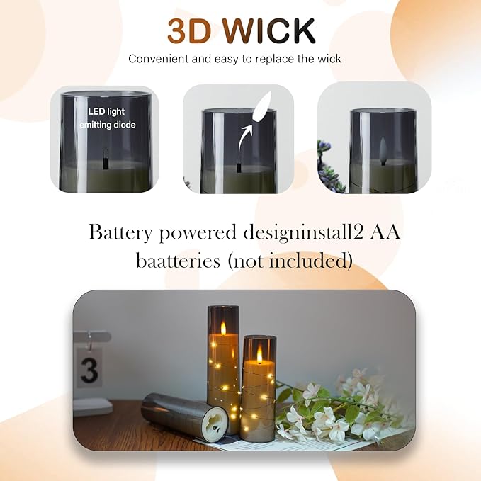 kakoya Flameless LED Candles with Timer 9 Pc Flickering Flameless Candles for Romantic Ambiance and Home Decoration Stable Acrylic Shell,with Embedded Star String，Battery Operated Candles（Grey）