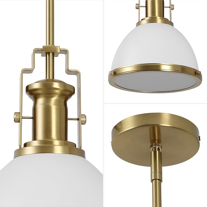 JONATHAN Y 10" Brass Gold/White Modern Industrial Iron LED Dome Pendant Light, Adjustable Hanging Fixture for Kitchen Island or Entryway, White Metal Shade, LED Bulb Included (JYL9535D)
