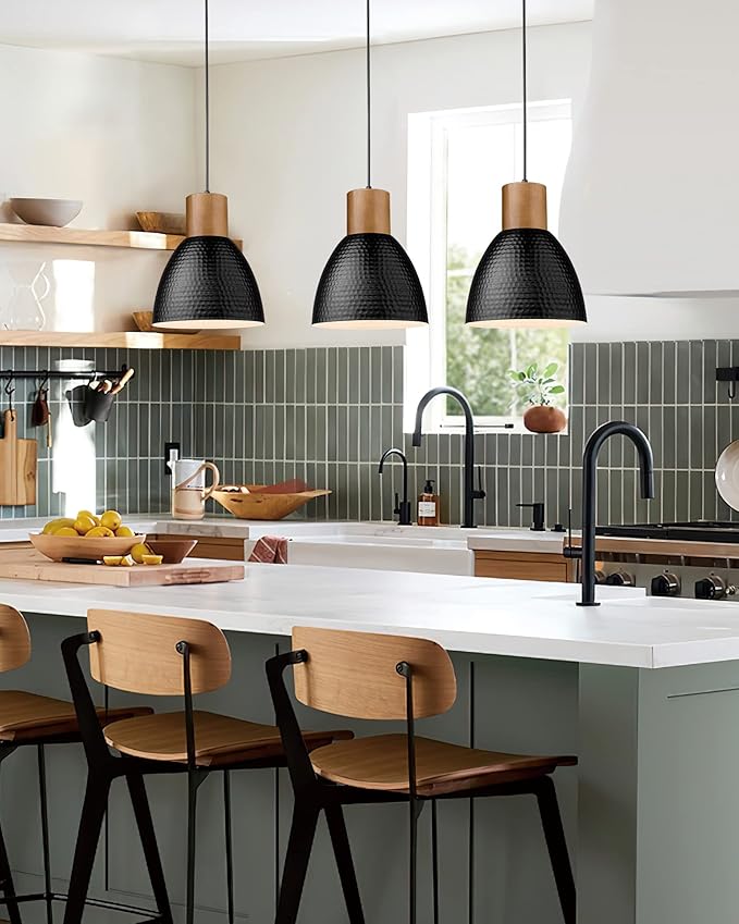 ELYONA 3 Pack Hammered Pendant Lights for Kitchen Island 7” Small Metal Solid Wood Hanging Light Fixtures Adjustable Height Farmhouse Pendant Lighting for Dining Room Bedroom Bar Office, Modern Black