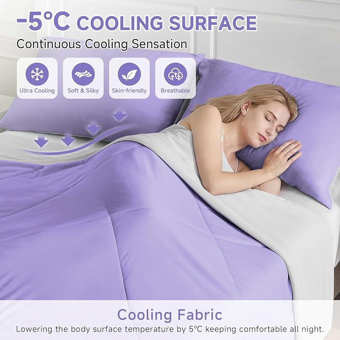 HOMFINE Cooling Comforter for Hot Sleepers - Both Sides Q-Max>0.45 Arc-Chill Cooling Fiber for All-Season, Breathable Soft Keep Cool Summer Blanket for Bed Couch Sofa, Purple, Twin