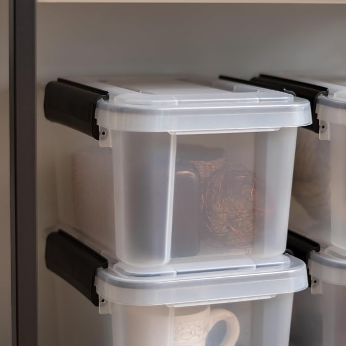 IRIS USA WeatherPro 6 Qt Storage Bins with Lids, 6 Pack, BPA-Free Plastic Gasket Box with Tight Latch and Seal, Stackable Nestable Tote Tub - Clear/Black