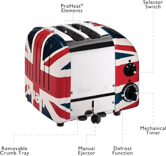 Dualit Classic 2 Slice NewGen Toaster - Limited Edition - Stainless Steel - Hand Built in the UK - Replaceable ProHeat Elements - 120V - Defrost Bread - Mechanical Timer - Union Jack Classic Toaster