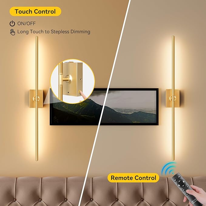 Ouyulong Battery Operated Wall Sconces Set of 2, 10000mAh Wireless Rechargeable 3000-6000K Dimmable 350° Rotate Wall Light with Remote for Living Room, Bedroom 23.6in Gold