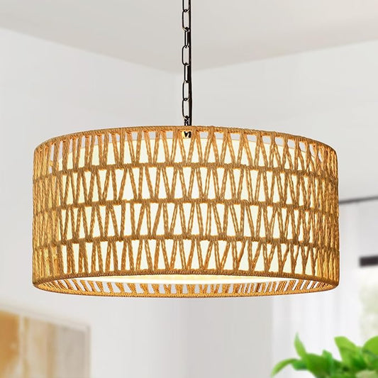 9"-52" Height Adjustable Farmhouse Chandelier Light Fixture, 5-Light Rattan Boho Chandeliers for Dining Room, Hand Woven Pendant Light with Linen Shade, Rustic Hanging Lighting for Kitchen Island
