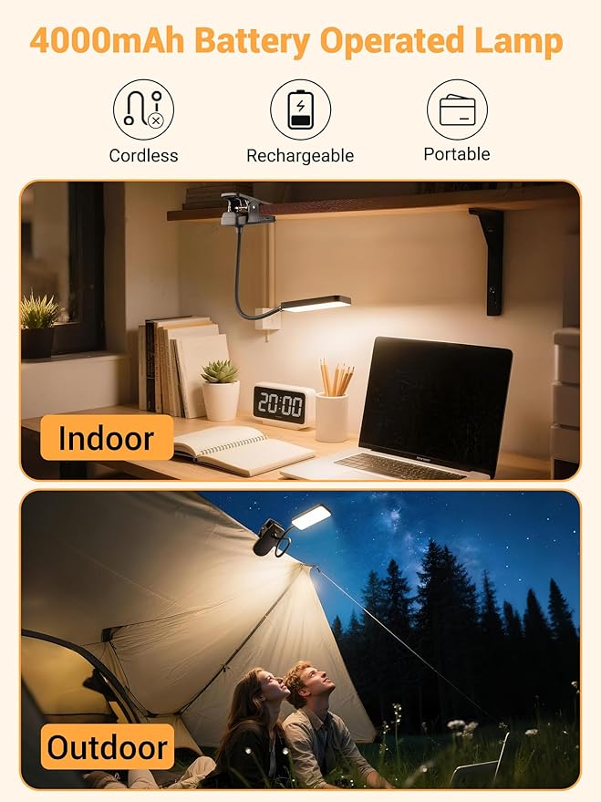 Clip on Light,9 Brightness+5 Colors Rechargeable Lamp,4000mAh Battery Powered Lamp,450 Lumen 48 LED Desk Lamp with Clamp,Cordless & Wireless Lamp,Reading Light for Bed/Headboard/Table/Dorm/Home Office