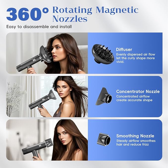 Natrial Ionic Professional Hair Dryer with Diffuser for Curly Hair,1600W&110000RPM High Speed Blow Dryer for Women,Fast Drying,Lock Function,Low Noise,Lightweight for Home Travel Salon,Dark Gray